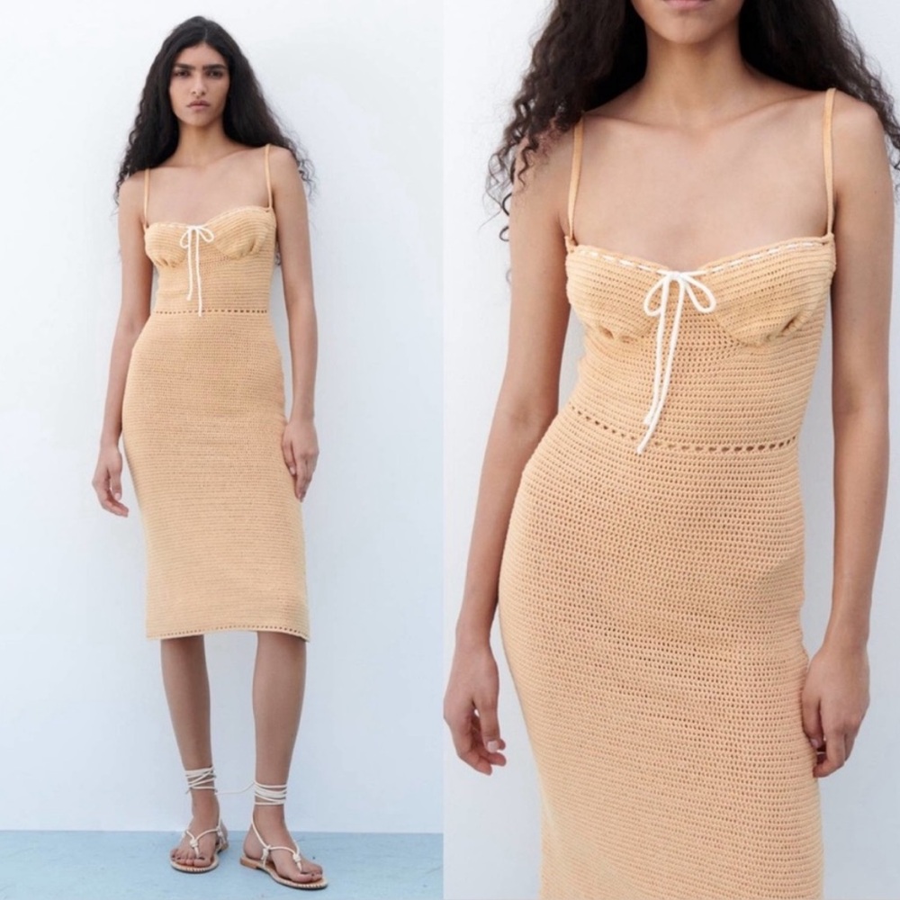 Zara Peach Crochet Midi Dress Midi Dress Size Small